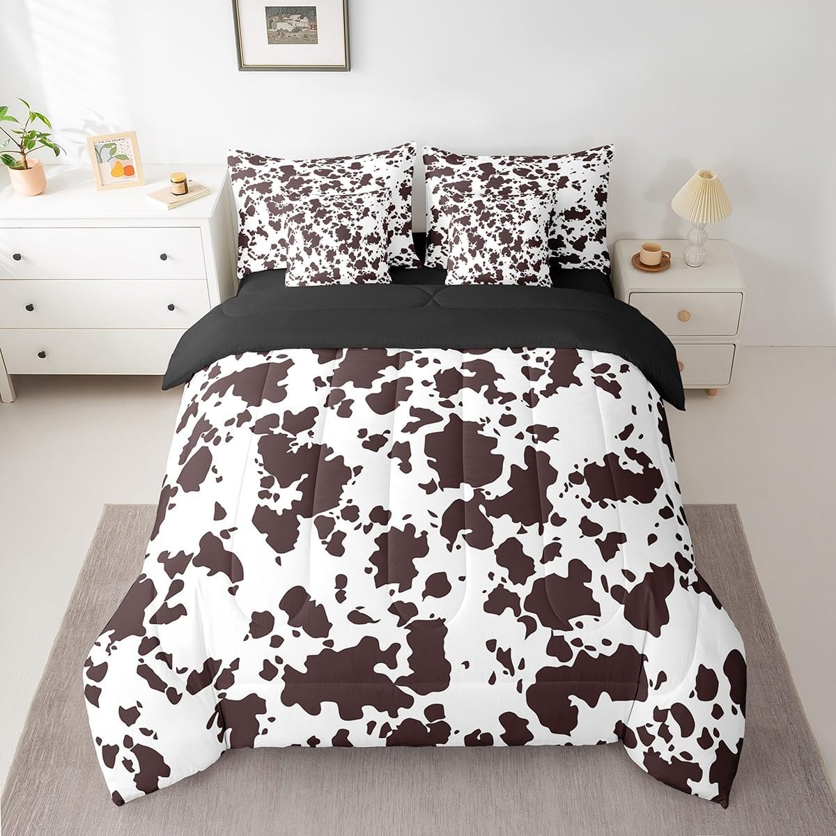 Erosebridal 7 Pcs Highland Milk Cow Bed in a Bag Queen Comforter Set,Kids Cartoon Brown Cow Print Brown Sheet Set,Western Cowhide Bedding with Comforter,Bull Cattle Rustic Farmhouse Quilt Cover - Image 2