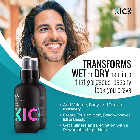 Kick Sea Salt Spray for Men - Texturizing Hair Spray - Beach Waves & Volume | Salt Water Formula for a Surfer Hair Style - Natural Texture & Tousled Beach Look - 200ml