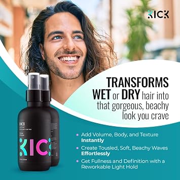Kick Sea Salt Spray for Men - Texturizing Hair Spray - Beach Waves & Volume | Salt Water Formula for a Surfer Hair Style - Natural Texture & Tousled Beach Look - 200ml