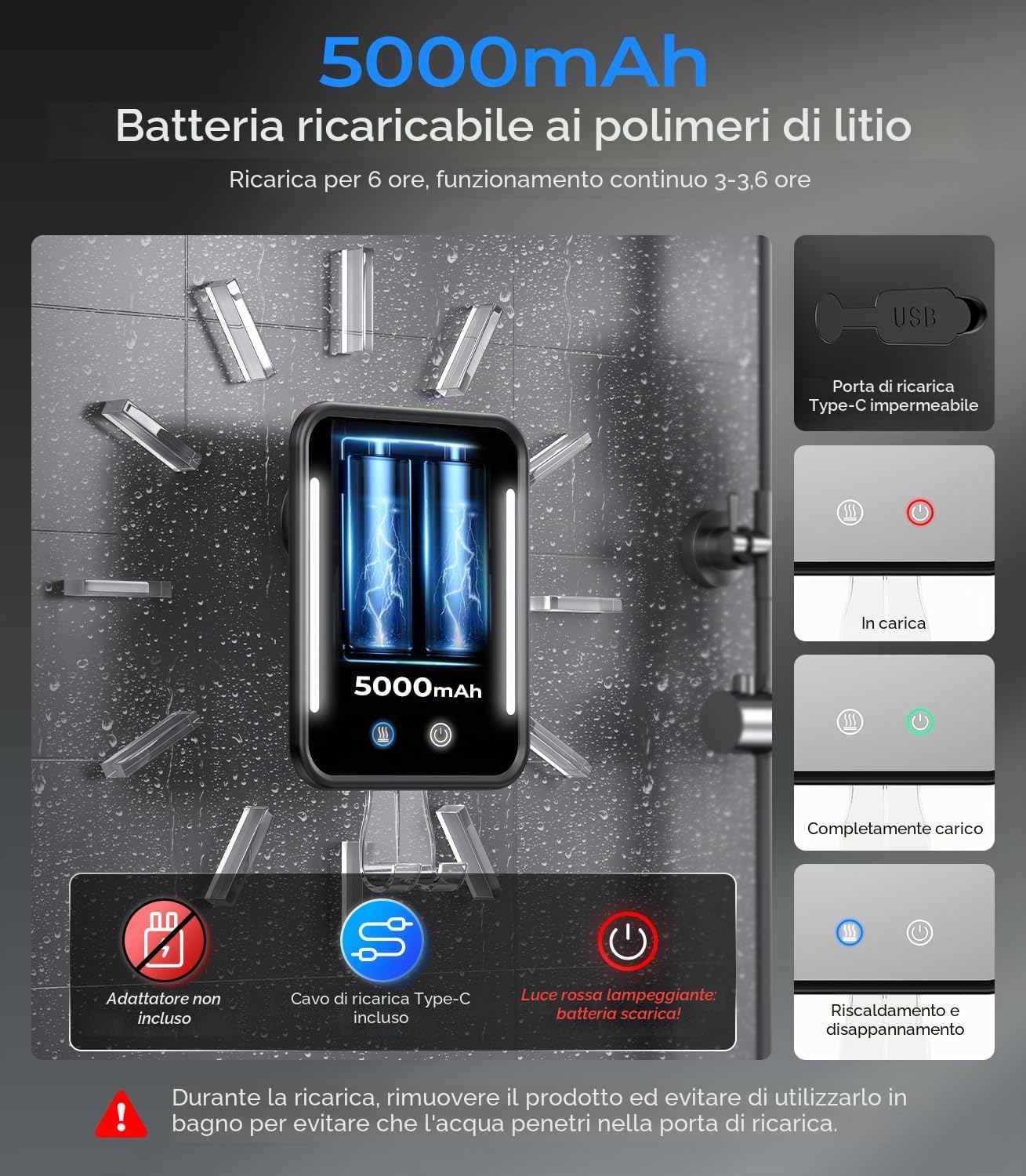 Gospire Specchio da doccia riscaldato, anti-appannamento, per rasatura con luce, batteria ricaricabile da 5000 mAh, ventosa rimovibile e supporto per rasoio da parete, senza foratura, rimovibile