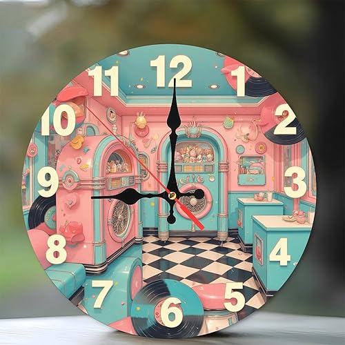 Lancholy Pink Jukebox Diner - Reloj de pared retro vintage de madera de 10 pulgadas, movimiento silencioso, funciona con pilas (AA no incluidas),