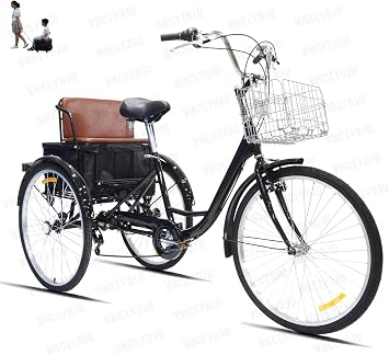 24 Inch Adult Tricycle For Ladies 7 Speed Bicycle 3-wheel bicycle with rear seat basket, maximum load 300lbs tricycle gifts for parents black