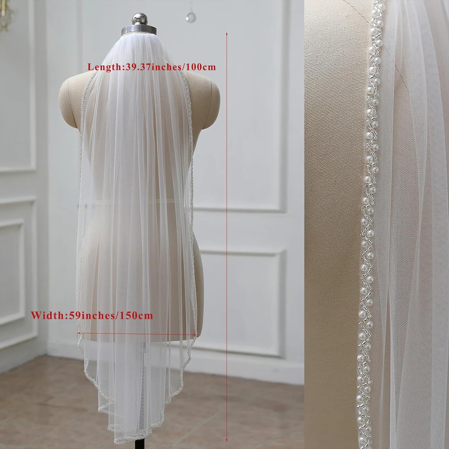 Bridal Veils Beaded Edge Wedding Veil,1 Tier Pearl Crystal Edge Fingertip Length Short Bride Veil With Metal Comb - Image 3