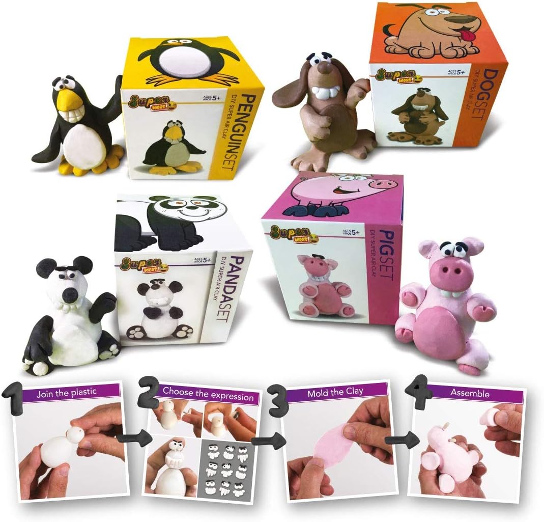 SUPER IDEAS Air Dry Clay Set – Soft Molding Clay for Kids & Teens, Easy to Assemble Toy, No Mess No Oven, Easy Sculpting Kit with Instructions - Plastic Base, Eyes and Mouths (Wild Friends Sets) : Toys & Games