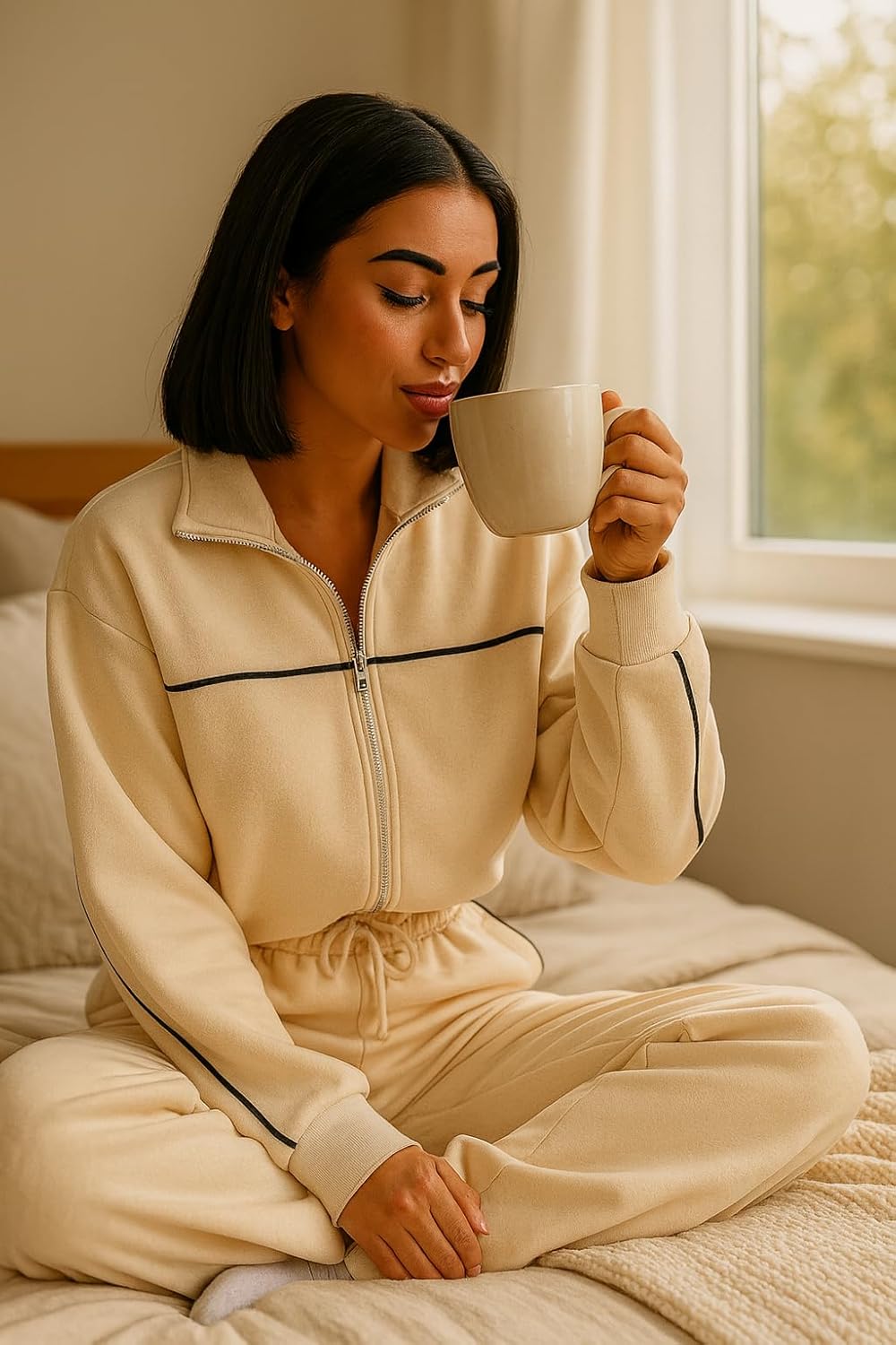 Women’s Two Piece Tracksuit Set – Zip Up Jacket & Wide Leg Pants, Lounge Sets for Women, Matching Sweatsuit, Casual Athletic 2 Piece Outfit (Medium Cream) - Image 3