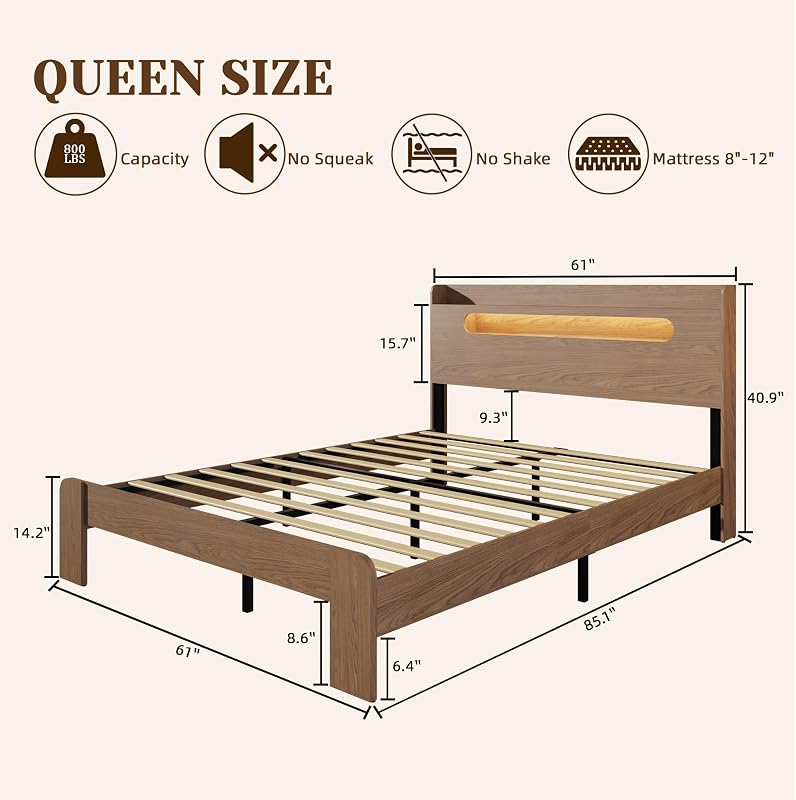 Queen Size Wood Bed Frame with 2-Tier Shelf Headboard, Walnut image 2
