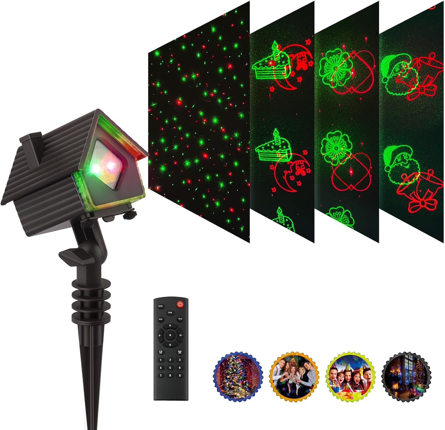 Poeland Christmas Projector Lights Garden Laser Lights with 4 Theme Multi Patterns, Holiday Projector Light IP65 Waterproof Outdoor Indoor Decorative Lighting for Xmas Birthday Party