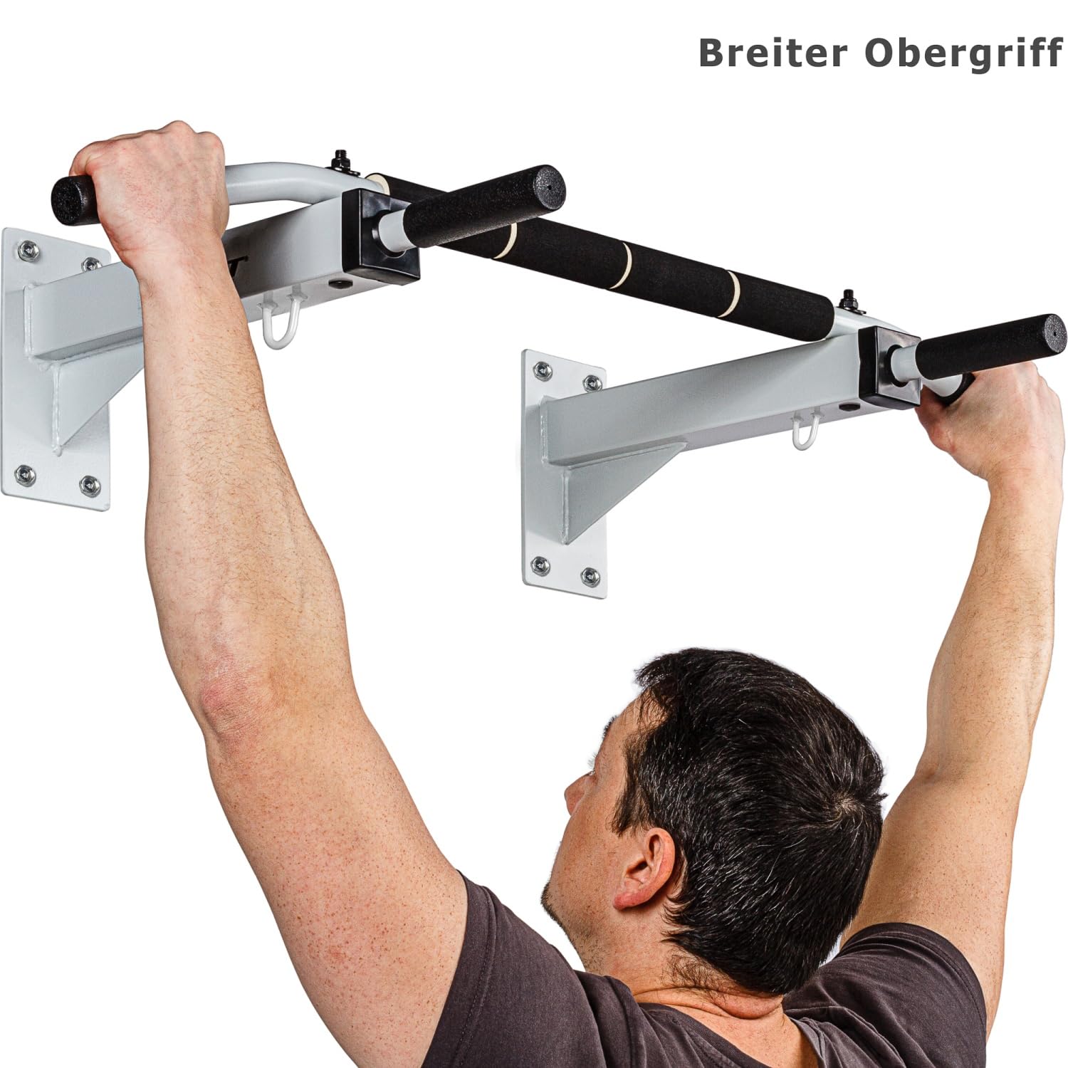 MOVIT® Profi Klimmzugstange zur Wandmontage, bis 350 kg, 4x rutschfeste Griffe + XXL Softgrip, 2x Ösen für Zubehör, schadstoffgeprüft, Weiß oder Schwarz, Türreck Reckstange Pull up bar