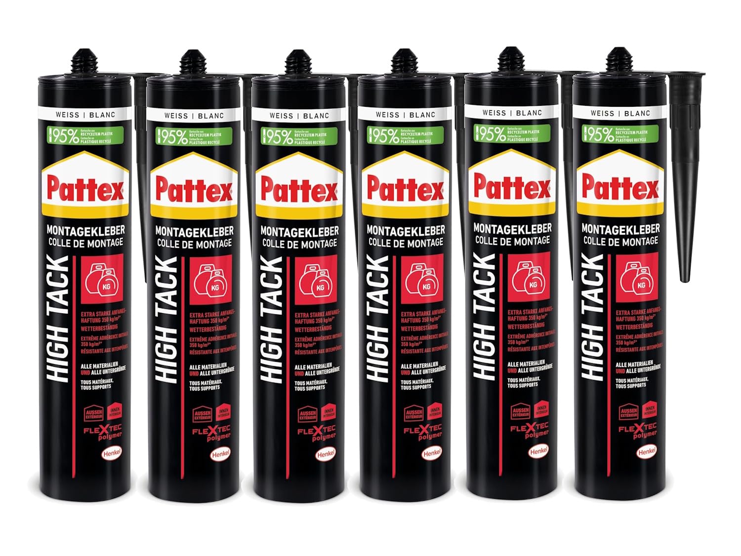 Pattex Montagekleber High Track, Kartusche, weiß, 6x 511g | Hochleistungs-Montagekleber mit starker Anfangshaftung – für schwerste Anwendungen