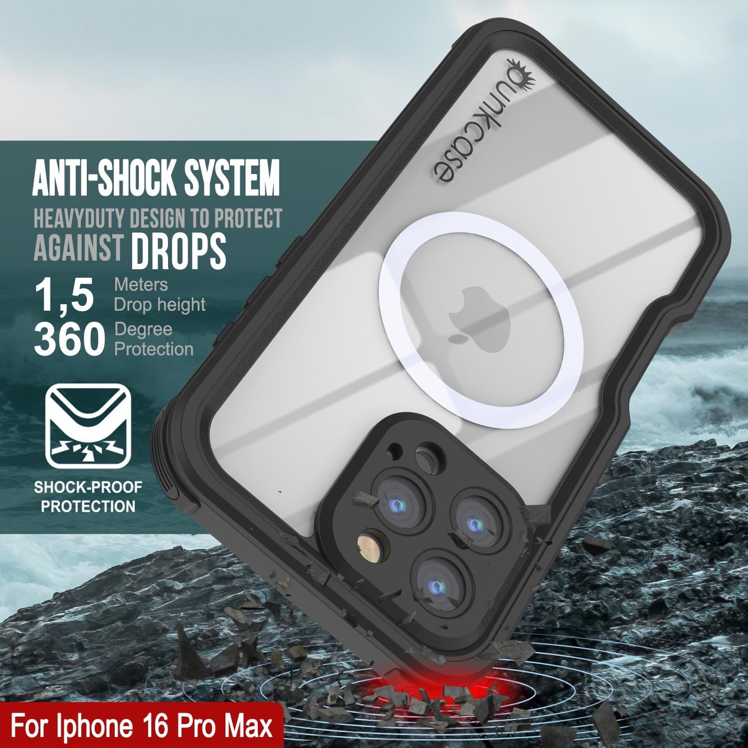 Punkcase for iPhone 16 Pro Max Waterproof Case [StudStar Series] [Slim Fit] [IP68 Certified] [Shockproof] [Dirtproof] [Snowproof] 360 Full Body Armor Cover for iPhone 16 Pro Max (6.9") (2024) [Black]