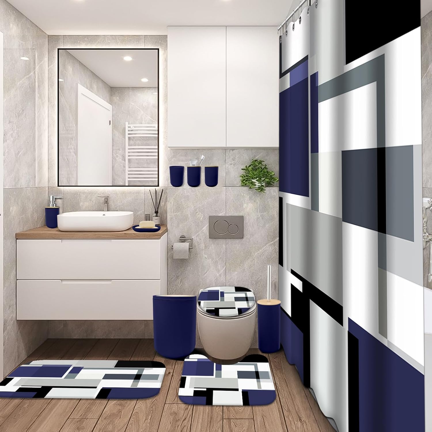 Blue Bathroom Sets with Shower Curtain and Rugs, Bathroom Accessory Set with Shower Curtain,Bath Rugs, Trash Can, Toilet Brush Holder Set & Soap Dispenser