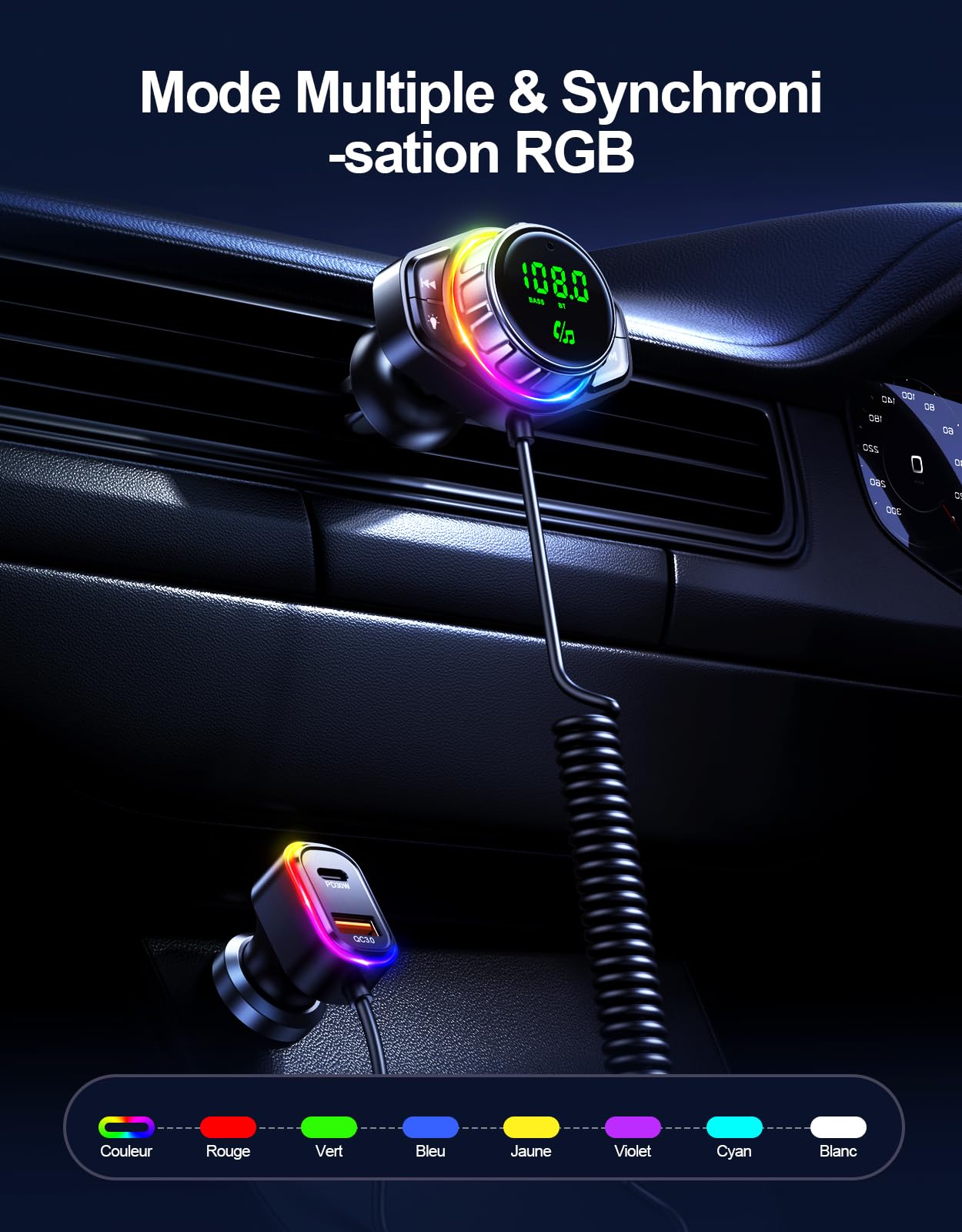 ISEYOU Transmetteur FM Bluetooth 5.3, 【Basse & HiFi Musique】 Adaptateur Bluetooth Voiture, 【30W PD & 18W QC】 Allume Cigare Chargeur Rapide, Appels Mains Libres, Anneau Lumineux Coloré RGB
