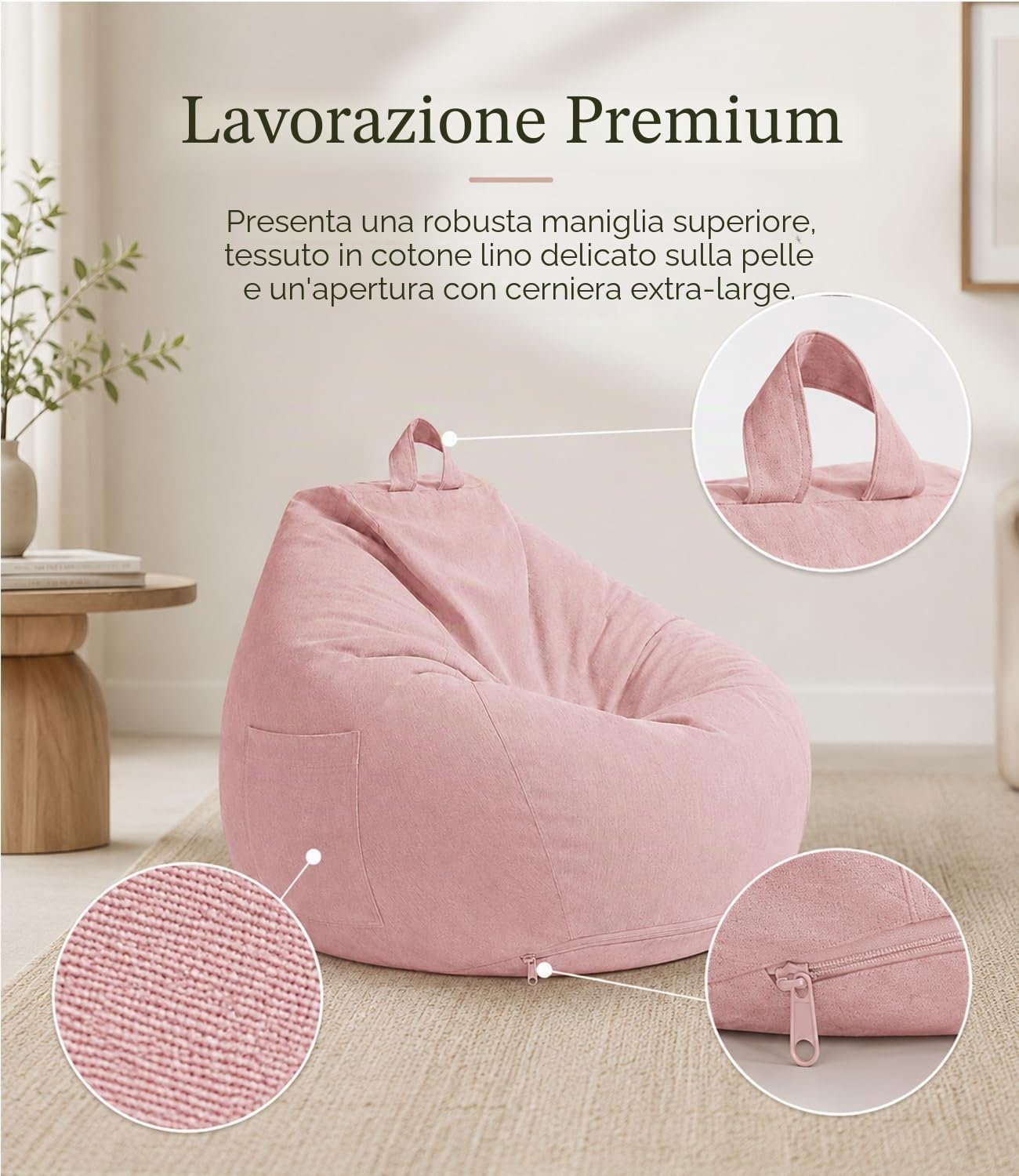 Highdi Poltrona Sacco Adulti 100 x 120 cm - Senza Imbottitura, Cotone e Lino Pouf Sacco Gigante, Rosa Bean Bag Chair per Soggiorno/Camera/Gaming