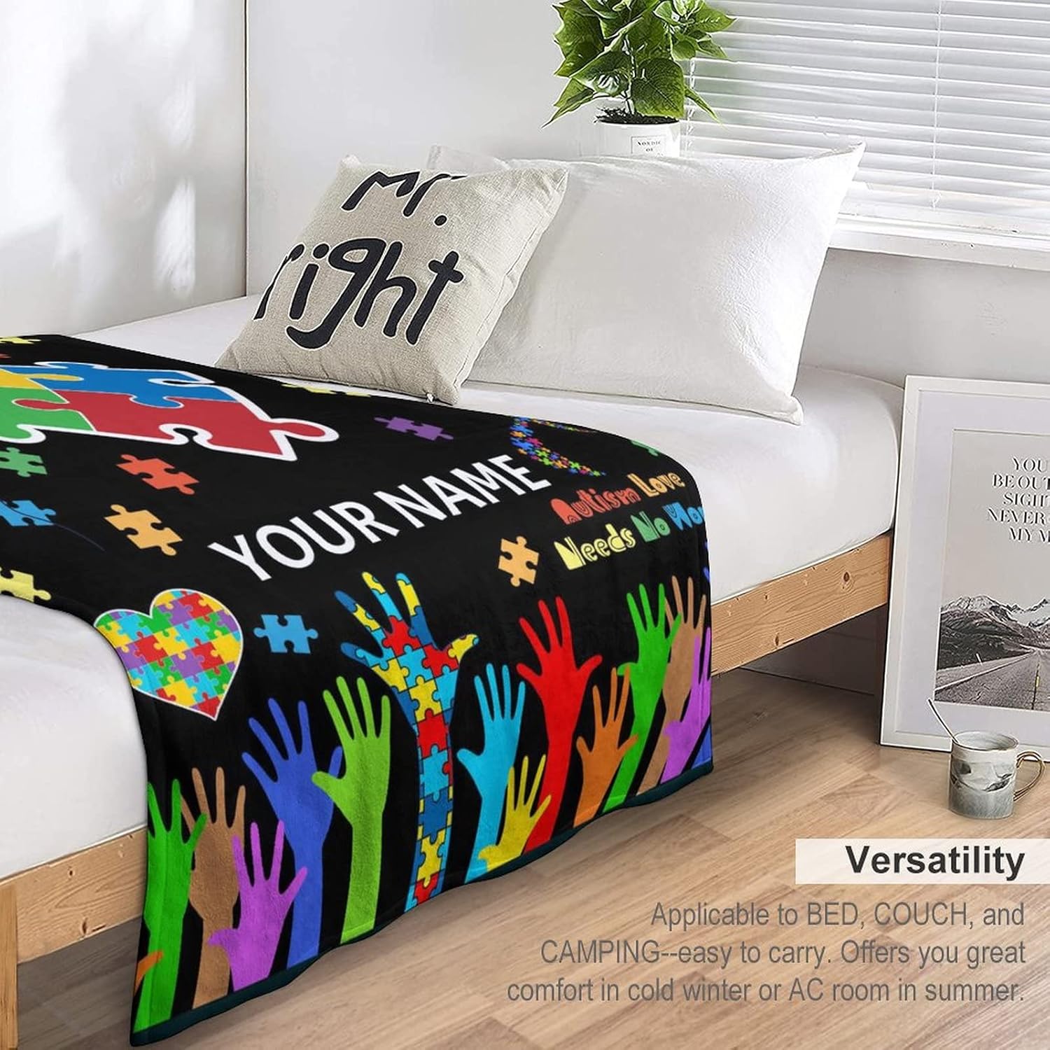 Personalized Autism Awareness Blanket Gifts with Name Text, 60"x80" Autism Throw Soft Flannel Blanket for Kids, Warm Lightweight Cozy Autism Gifts for Bed Couch