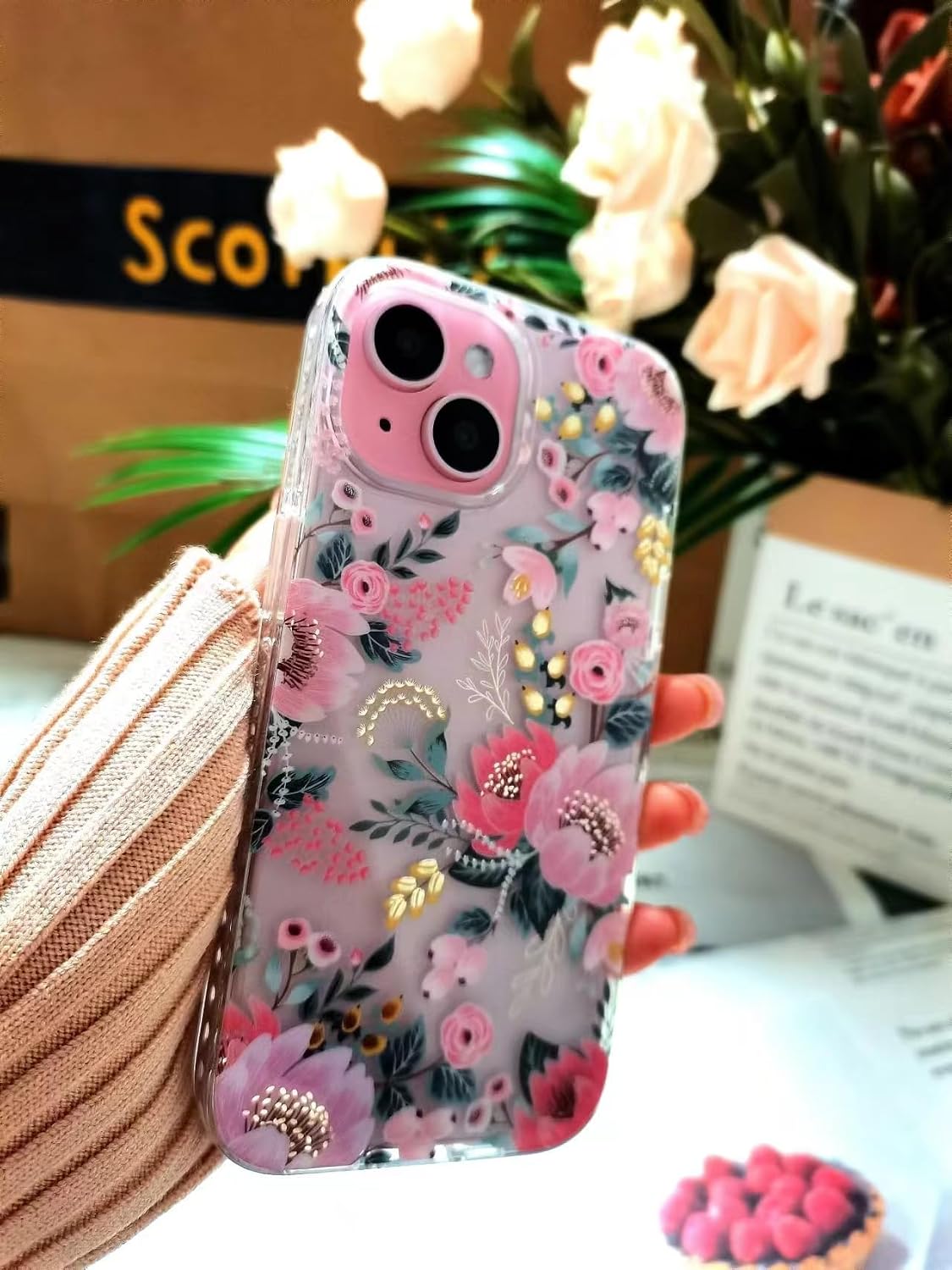 SCORPIFY for iPhone 12 Pro Max Case with Pink Epiphyllum Floral Design, Cute Clear Flower Phone Cover for Women Girls [10FT MIL-Grade Drop Protection] [Non Yellowing] Slim Bumper with Gold Accents