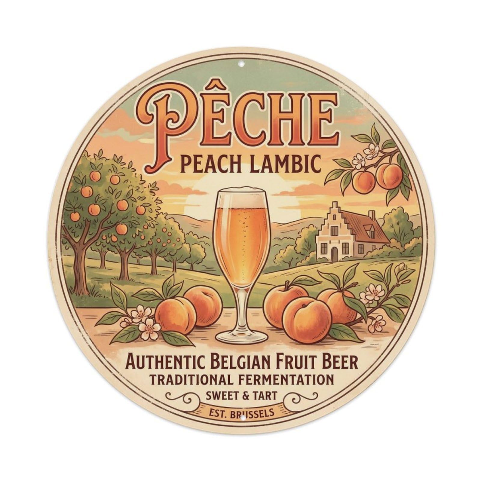 Traditional Belgian Peach Lambic Malt Hops Keg Tap Metal Tin Sign