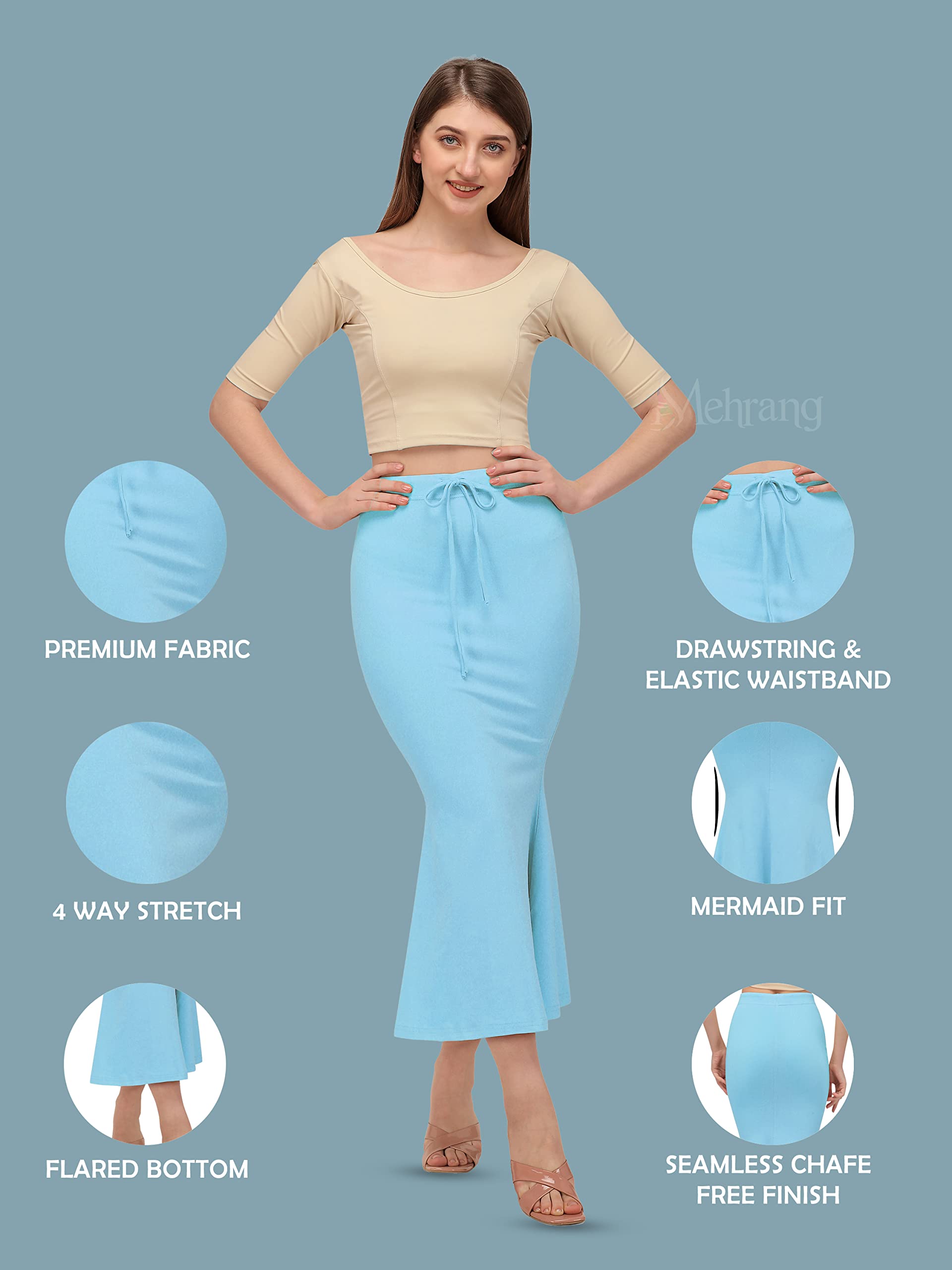Mehrang Stretchable Saree Shapewear Petticoat for Women, Cotton Blended,Petticoat,Skirts for Women,Shape Wear Dress for Saree Sky Blue