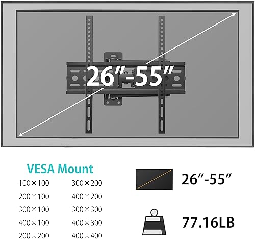 Miniatura 4 de ETHU Soporte de pared de movimiento completo para televisores de 26 a 55 pulgadas de hasta 80 libras, inclinación de extensión giratoria de brazo