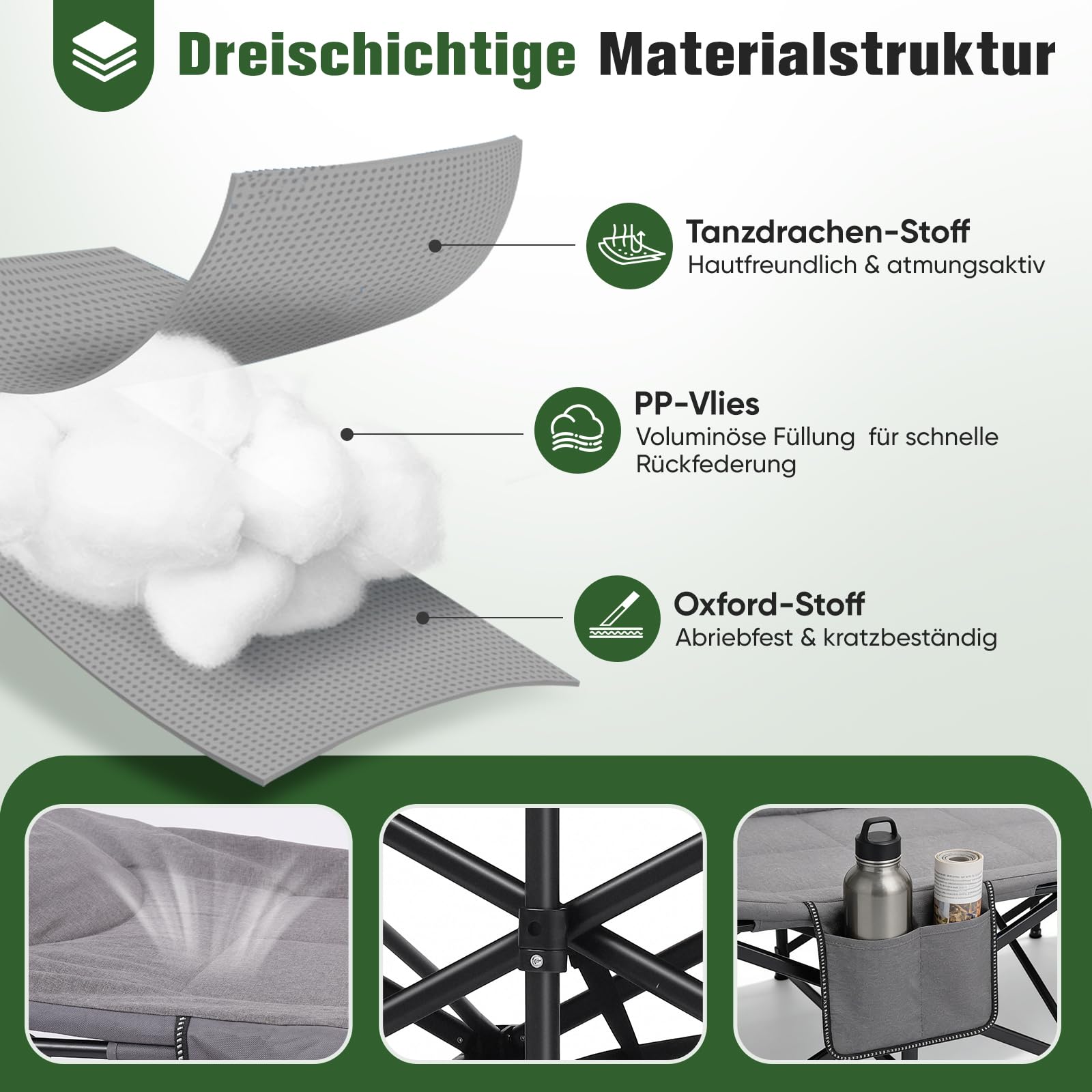 Sekey Campingbett klappbar mit Polster & Seitentasche, bis 190 x 71 x 36 cm, überbreite Liegefläche, Campingliege/Sonnenliege für Outdoor & Indoor – ideal für Garten, Camping, Festival und Reise