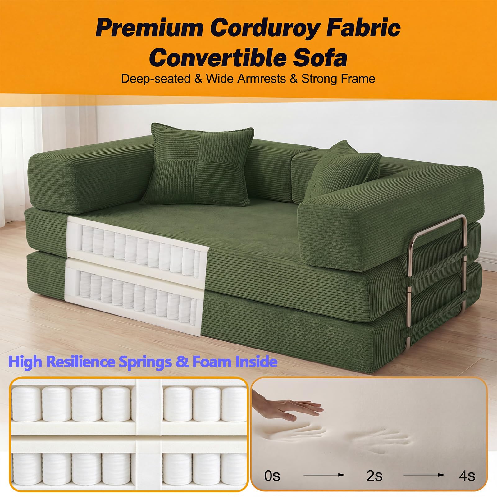 Vipbear Premium 5-in-1 Vielseitiges Rahmenloses Sofa, 160 cm, Ergonomisch Verwandelbarer 3-Sitzer mit Memory-Schaum, Ausklappbares Schlafsofa fürs Wohnzimmer