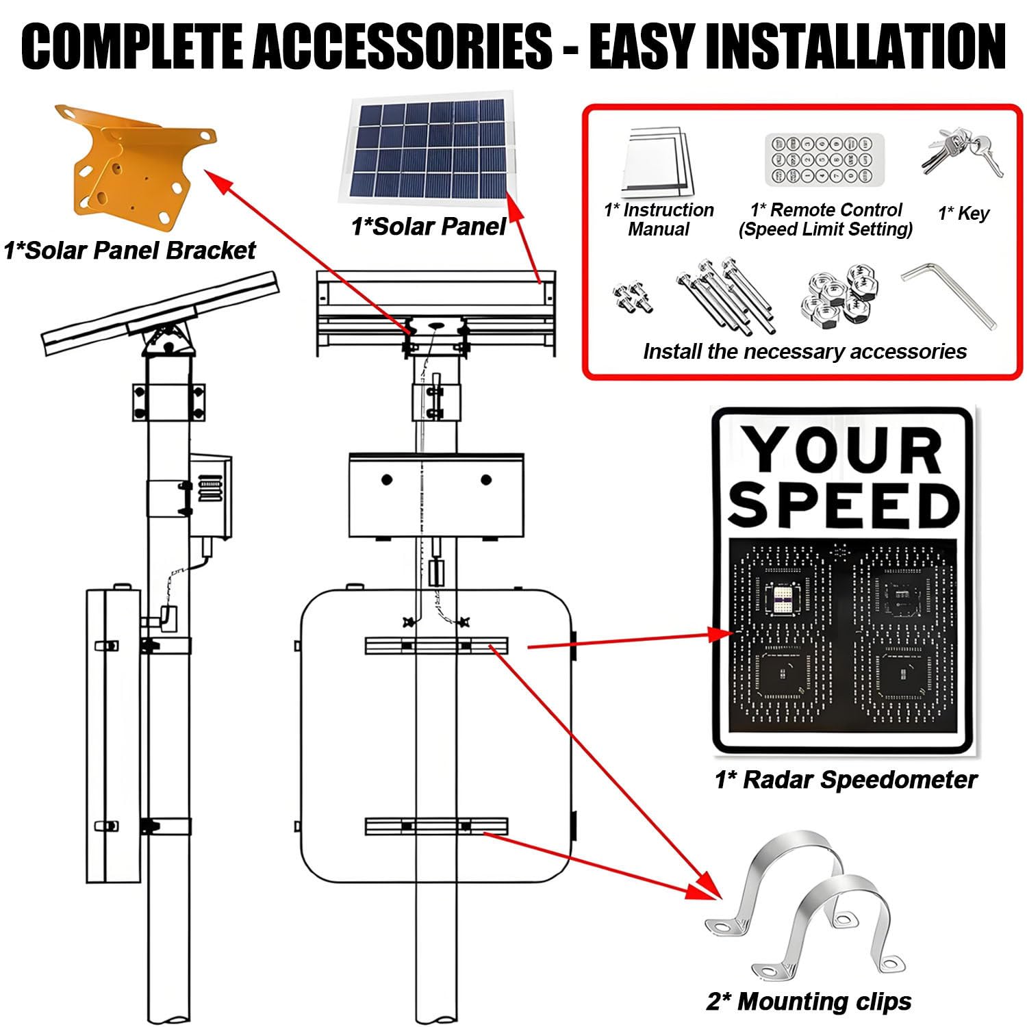 Señal de radar de velocidad con energía solar, aluminio inoxidable de 68,5 x 51 cm, detector de velocidad digital de 3 dígitos, ideal para calles y vecindarios.