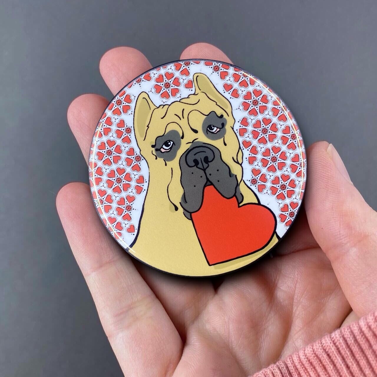 Cane Corso Dog Valentine's Day Pinback Button, Retro Pet Portrait Art Gift, Handmade Accessories 2.25" or 3.5" Size Available