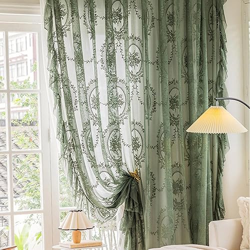 Miniatura 4 de Cortinas transparentes de encaje verde con bolsillo para barra, cortinas de encaje con volantes y festoneados florales que filtran la luz para
