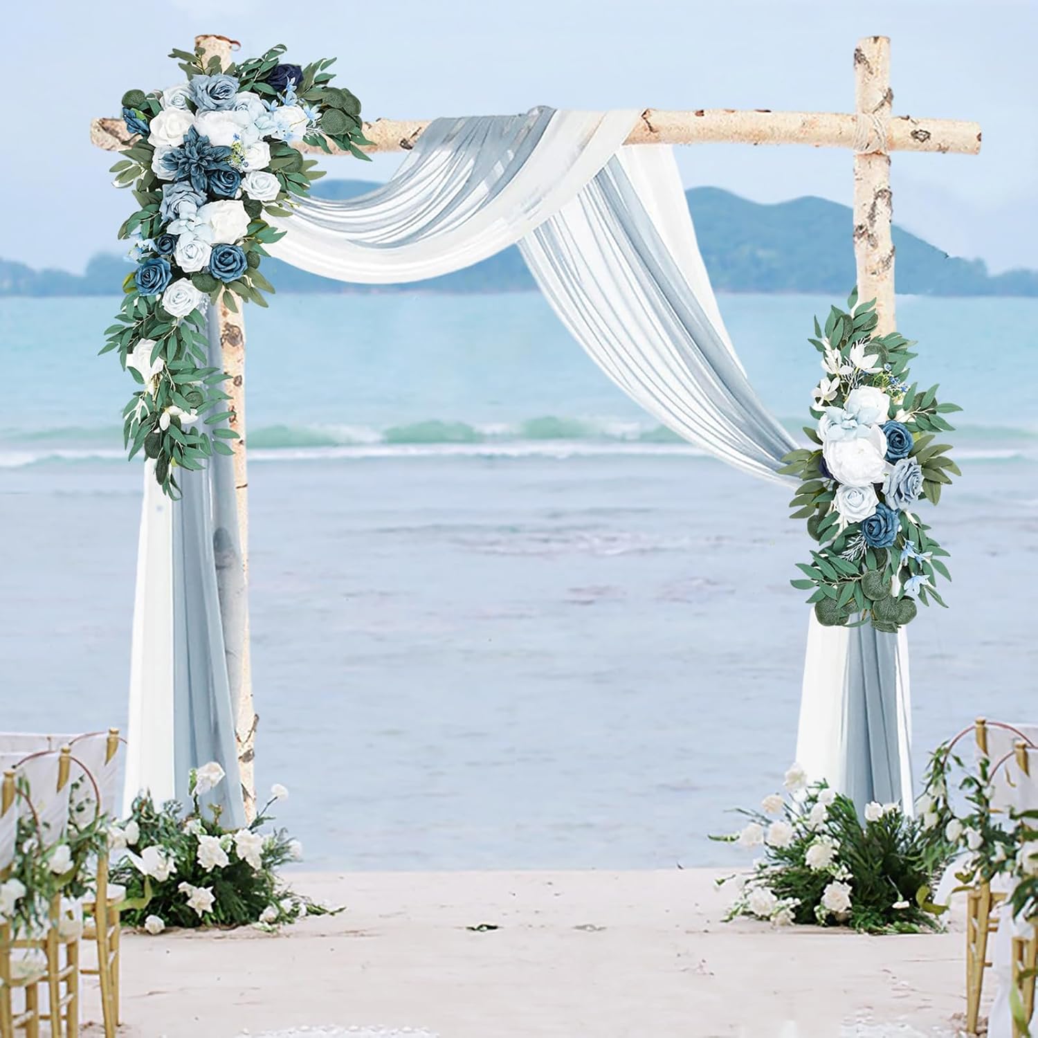 Emivery Wedding Arch Flowers Kit (Pack of 4) Dusty Blue Flower Arrangement with 2pcs Draping Fabric Artificial Flower Swag for Wedding Ceremony Reception Backdrop Decorations
