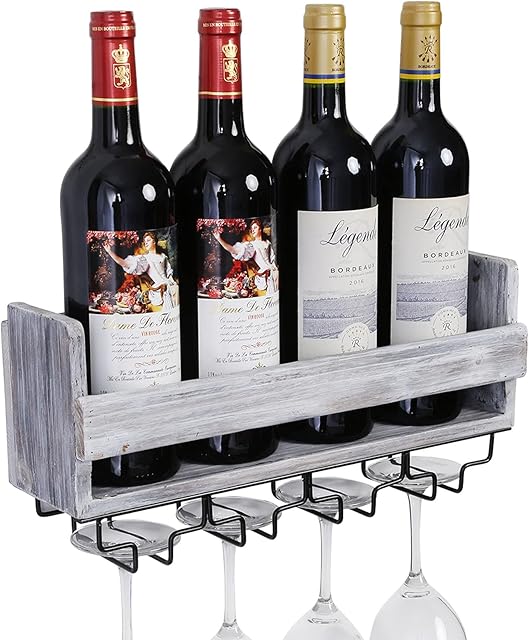 Satauko Wooden Wine Rack for 4 Long Stem Glass Storage, Wall Mounted Wine Bottle Holder for Living Room Display, Rustic Floating Wine Shelf Organizer for Home Kitchen Décor.(Gray)