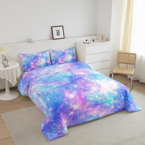 Miniatura 2 de Erosebridal Juego de edredón de galaxia con purpurina y arco iris, tamaño Queen, diseño de estrellas místicas, juego de ropa de cama y juegos de
