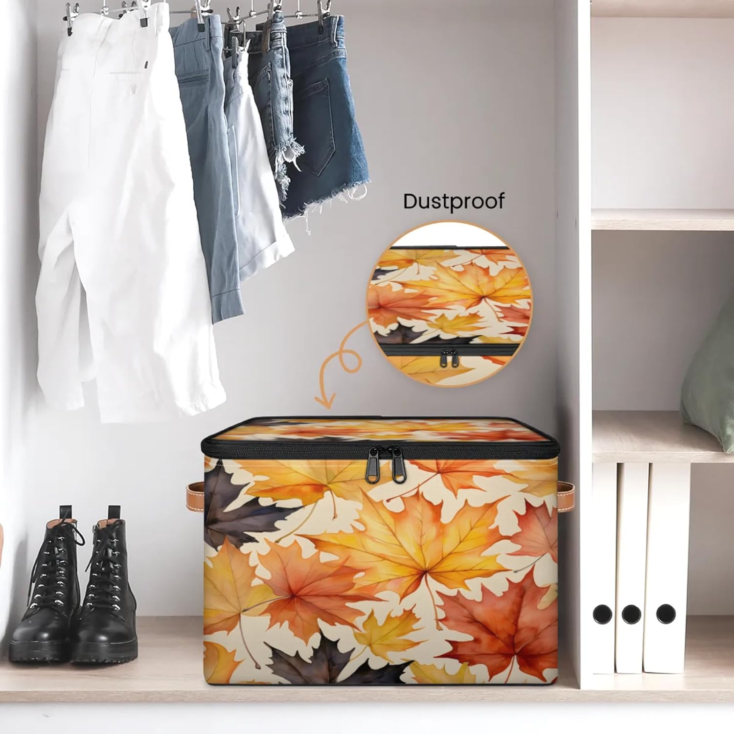 Storage Bin Set of 2 Maple Leaves Storage Basket with Zipper Lid & Handle Foldable Closet Shelf 2 Pack Cloth Organizer Basket Cube Bins Clothes Organizer for Nursery, Bedroom