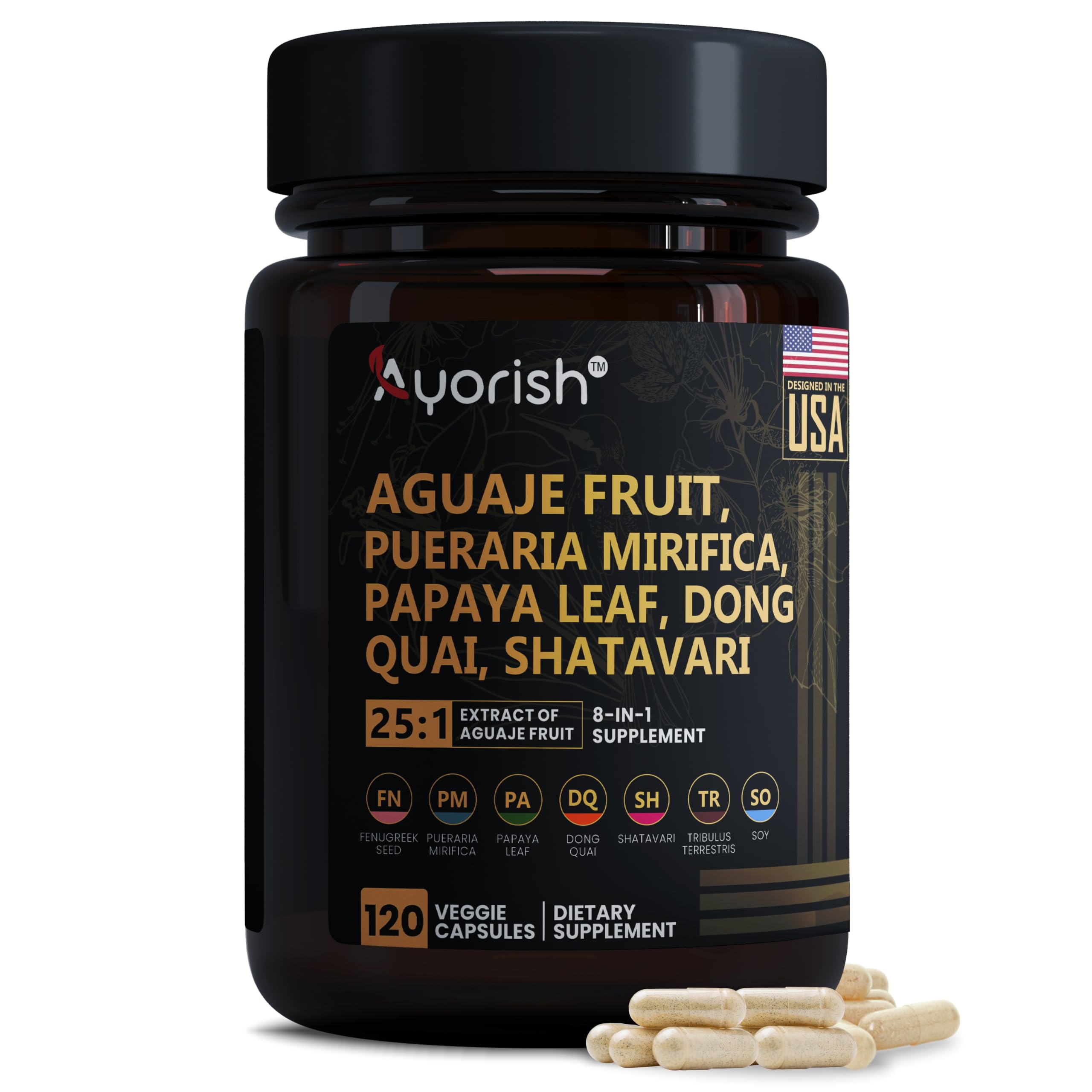 Aguaje Fruit Supplement1000mg 25:1 with Pueraria Mirifica, Papaya Leaf, Dong Quai, Shatavari, Wild Yam,Fenugreek Seed 120 Veg Capsules