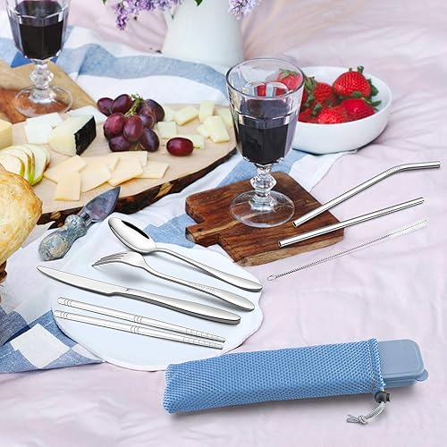 Miniatura 4 de LIANYU Juego de cubiertos de viaje de 9 piezas, cuchara de tenedor de cuchillo de acero inoxidable, palillos, pajitas de metal, cepillo de limpieza,