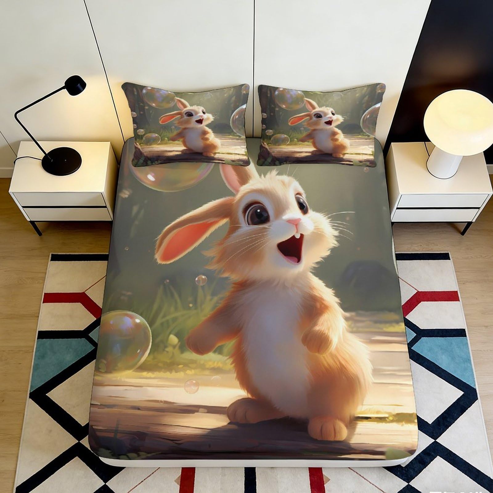 3D Printed Cute Bunny Fitted Sheet Microfiber Soft Breathable Cartoon Rabbit Bed Cover for Bedroom Dormitory Guest Room Mattress Protection Decor 180x200x25cm