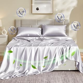 Silver Infused Bed Sheets Set, Cooling Eucalyptus Sheets with 7% Silver, 3X Freshness Sleep and Odors Free for Hot Sleepers, Softer Breathable Than Silk Sheets (Grey, Queen, No Flat Sheet)