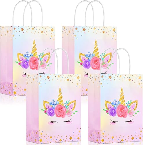 16 bolsas de unicornio con asas, bolsas de regalo de unicornio para regalos de fiesta de cumpleaños (8.27 x 5.9 x 3.15 pulgadas, para niñas)