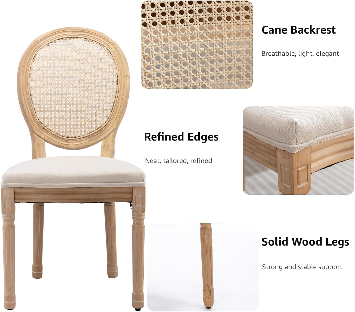 French Country Dining Chairs Set of 2, Beige Cane Back Rattan Dining Chairs, Solid Wood Legs, Farmhouse Linen Upholstered Kitchen & Dining Room Chairs, Sillas De Comedor (Beige, 2Pcs)