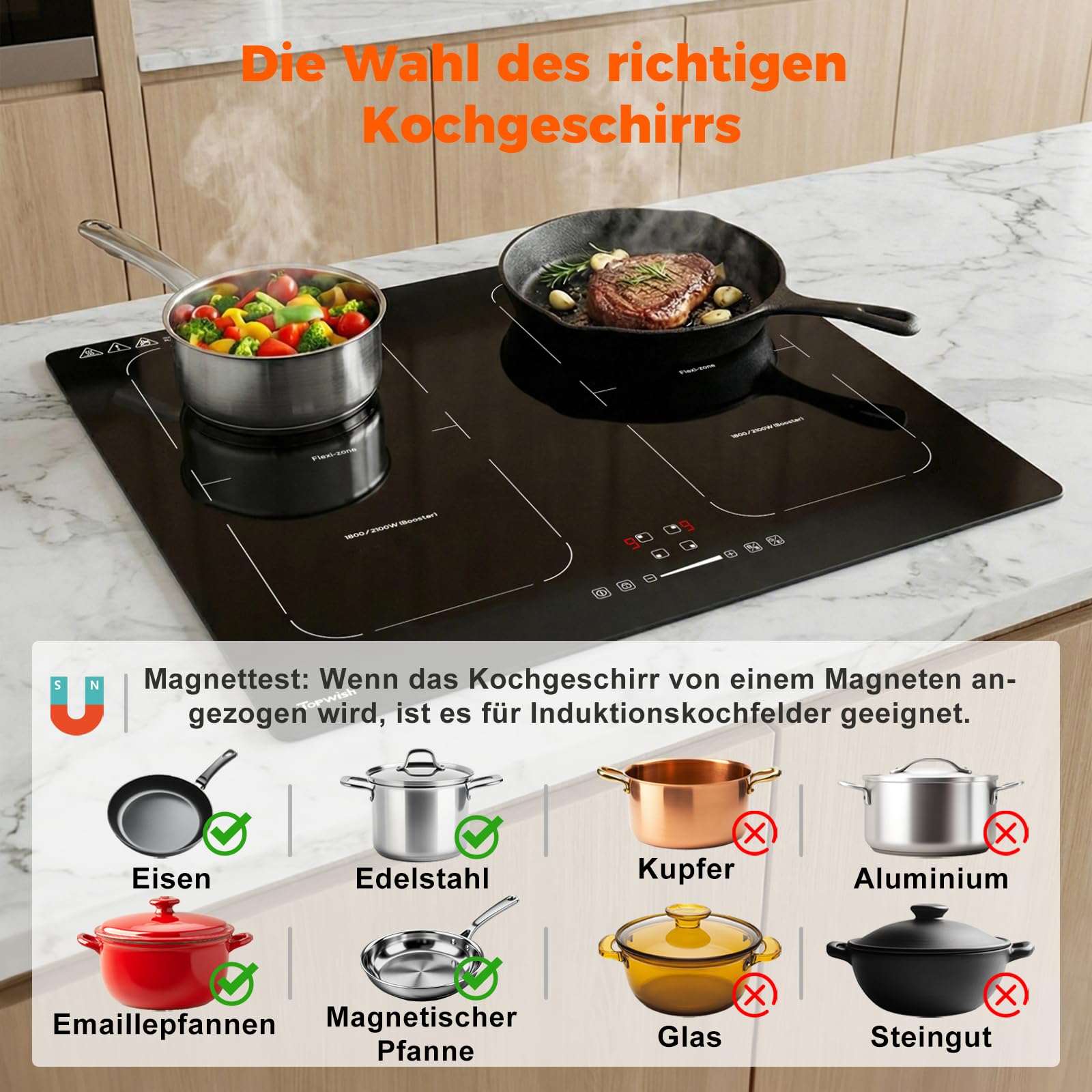 Topwish Induktionskochfeld 4 platten mit Flexzonen, Induktionskochfeld 60cm | Herdplatte 4 Kochfelder mit Boost-Funktion, Timer, Kindersicherung, Überhitzungsschutz und Warmhalten, 7200W