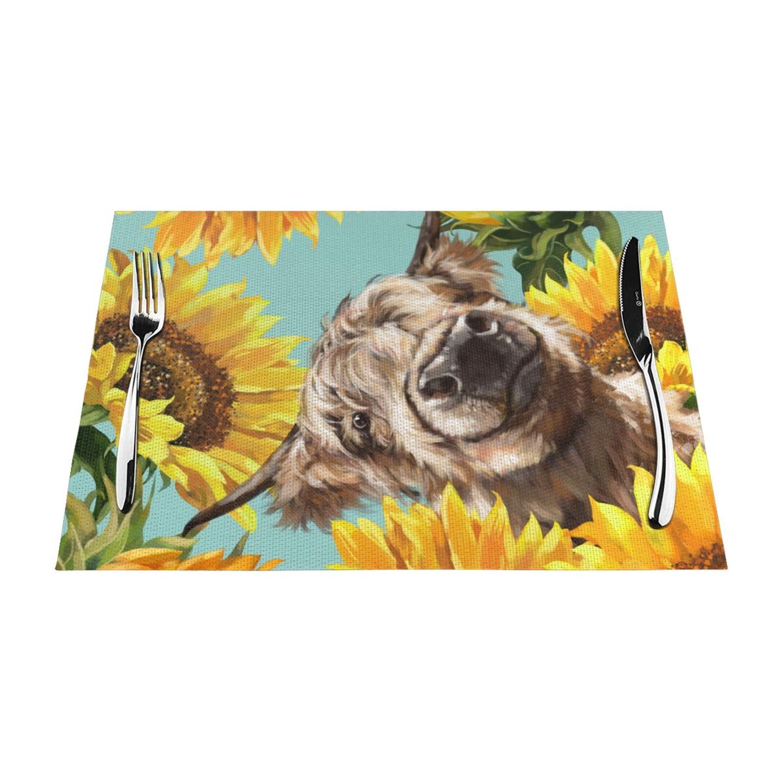 PVC Placemat Set of 6 PCS, 45x30 CM, Cow with Sunflowers in Blue Printed Non-Slip Heat Resistant Place Mats for Kitchen Dining Table Indoor Outdoor