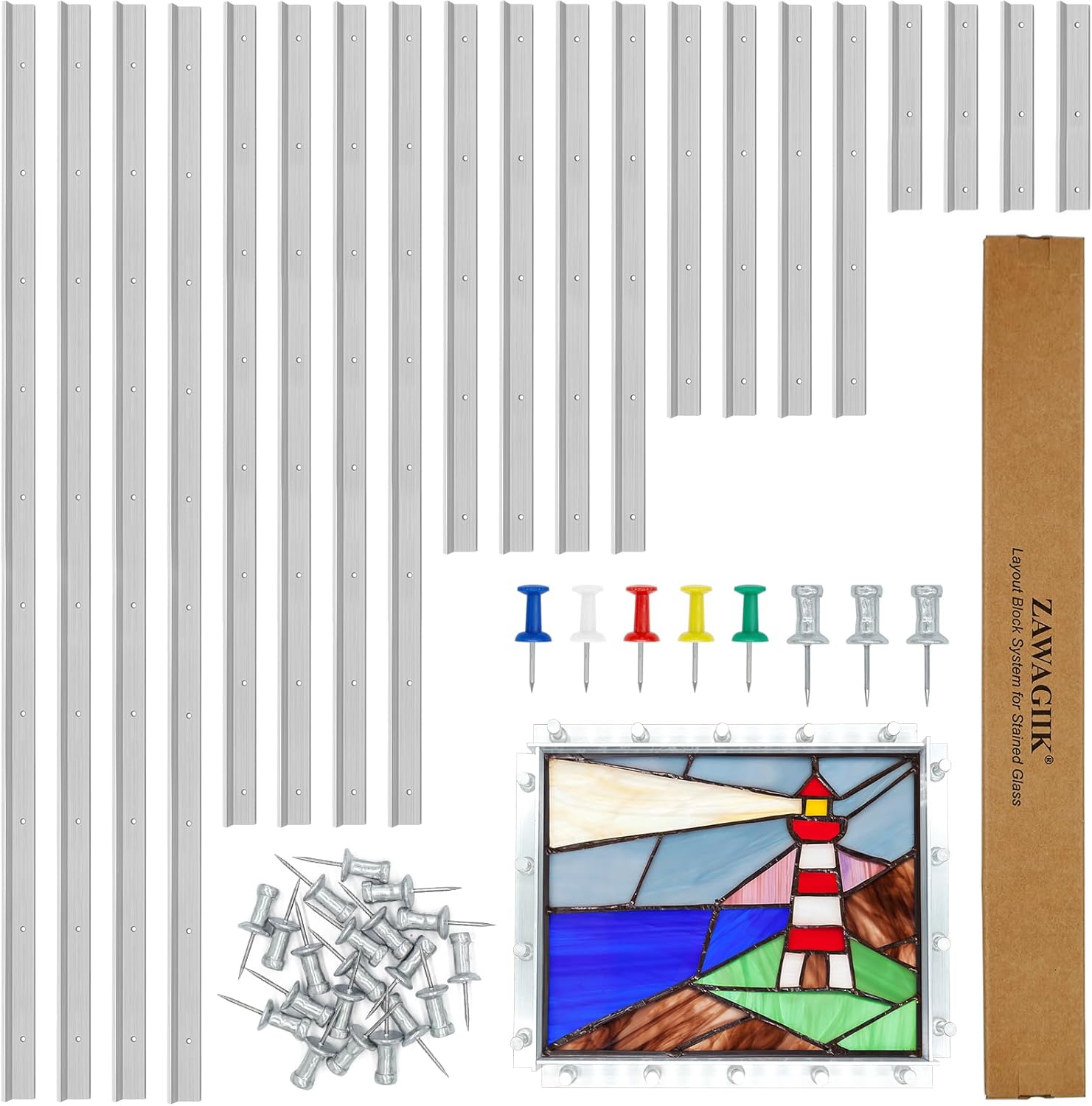 ZAWAGIIK Layout Block System for Stained Glass Panels 16″ 12″ 8″ 6″ 3″ Pack of 20 Layout Block System for Stained Glass Supplies and Tools with 80 Push Pins for Stained Glass Making Craft