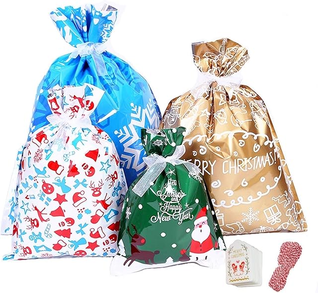 30Pack Christmas Goody Bags Large (with Ribbon Ties and 50 Tags), Assorted Gift Wrapping Bags Assortment for Xmas Holiday Treats Bags Xmas Party Supplies,New Years Gift Bags
