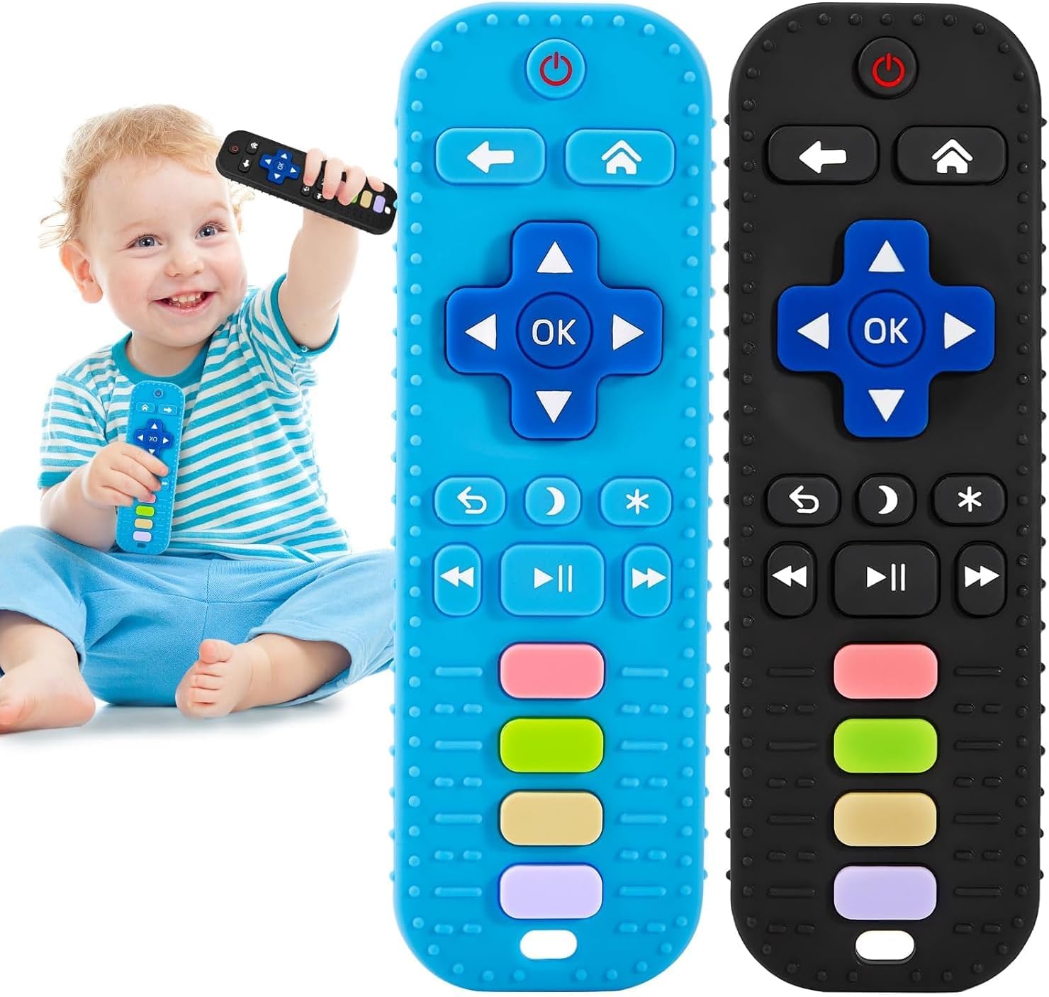 2-Pack Teething Toys for Baby 3 6 12 18 Months, TV Remote Control Shaped Baby Teether Toys, Baby Chew Toys, Food Grade Silicone Teething Toys for Infants, BPA Free, for Baby Gum Relief