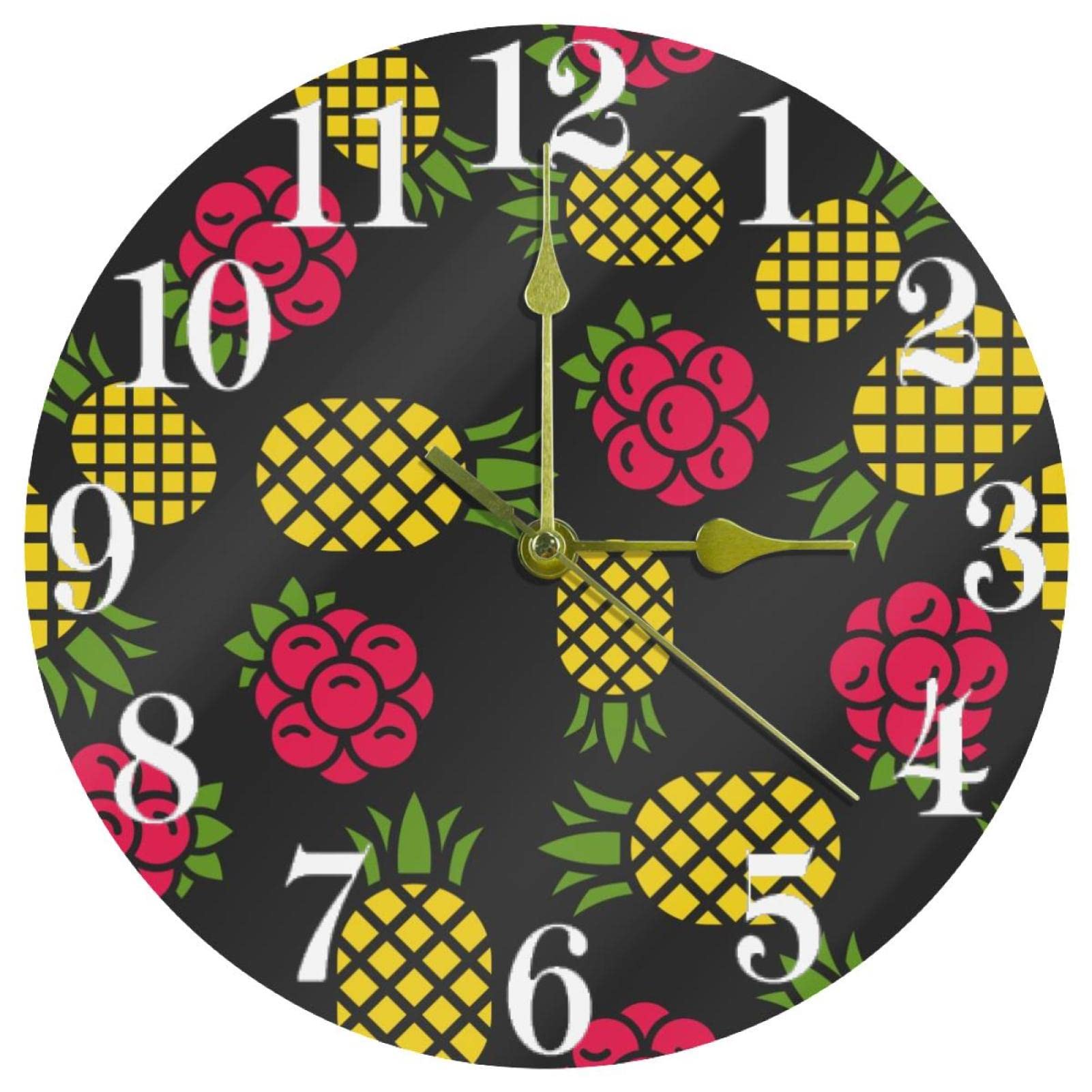 Horloge murale ronde à quartz motif ananas jaune et framboises 25 cm