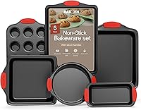 BAKKËNMASTER 6-Piece Non-Stick Carbon Steel Bakeware Set - Black Coating, Red Silicone Handles, PFOA-Free Oven Pans for Cookies, Cakes & Muffins