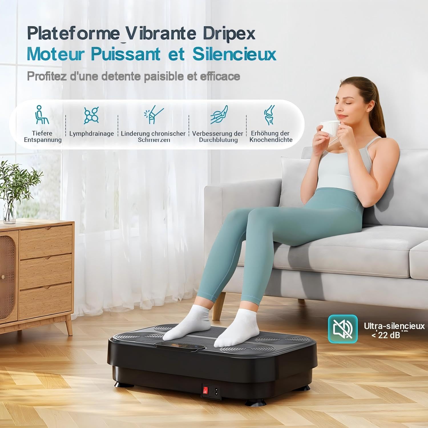 Dripex Plateforme Vibrante 5 Programmes 99 Niveaux d'Intensité avec Télécommande Bandes de Résistance