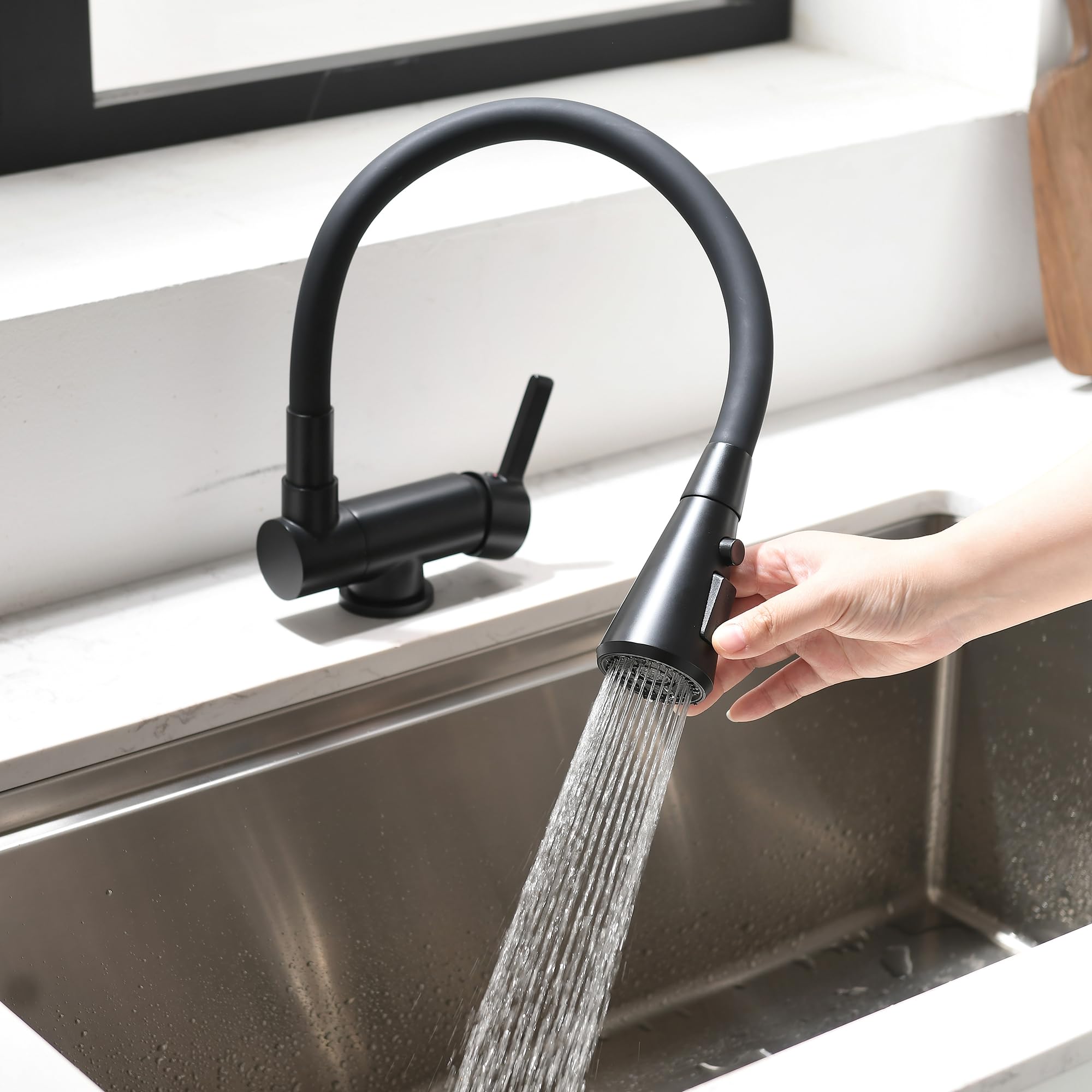 Grifo Cocina Abatible negro,Rotación Y Flexión De 360°,grifos Abatibles Cocina,3 Modos De Pulverización De Agua,Grifo De Fregadero Plegable,Grifo Monomando Bajo Ventana De Material De Latón