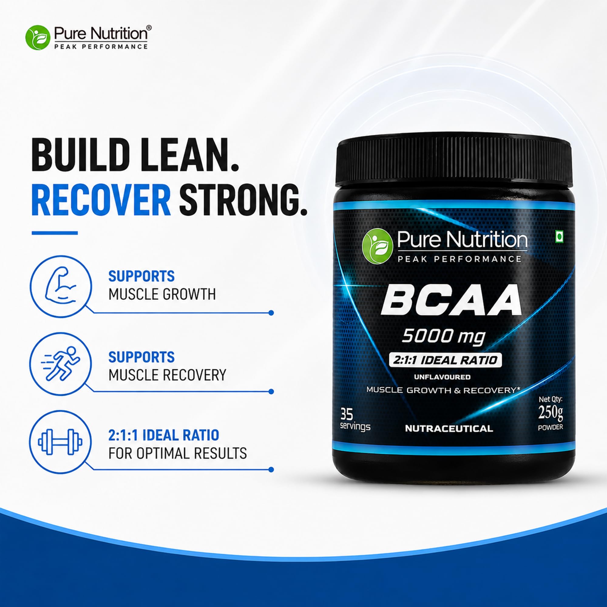 Pure Nutrition BCAA Powder 2:1:1 | 5000mg Branched Chain Amino Acids | Sugar-Free Pre & Intra Workout Supplement | Muscle Recovery & Endurance | Unflavored | 250g (35 Servings) — Amazon image 3