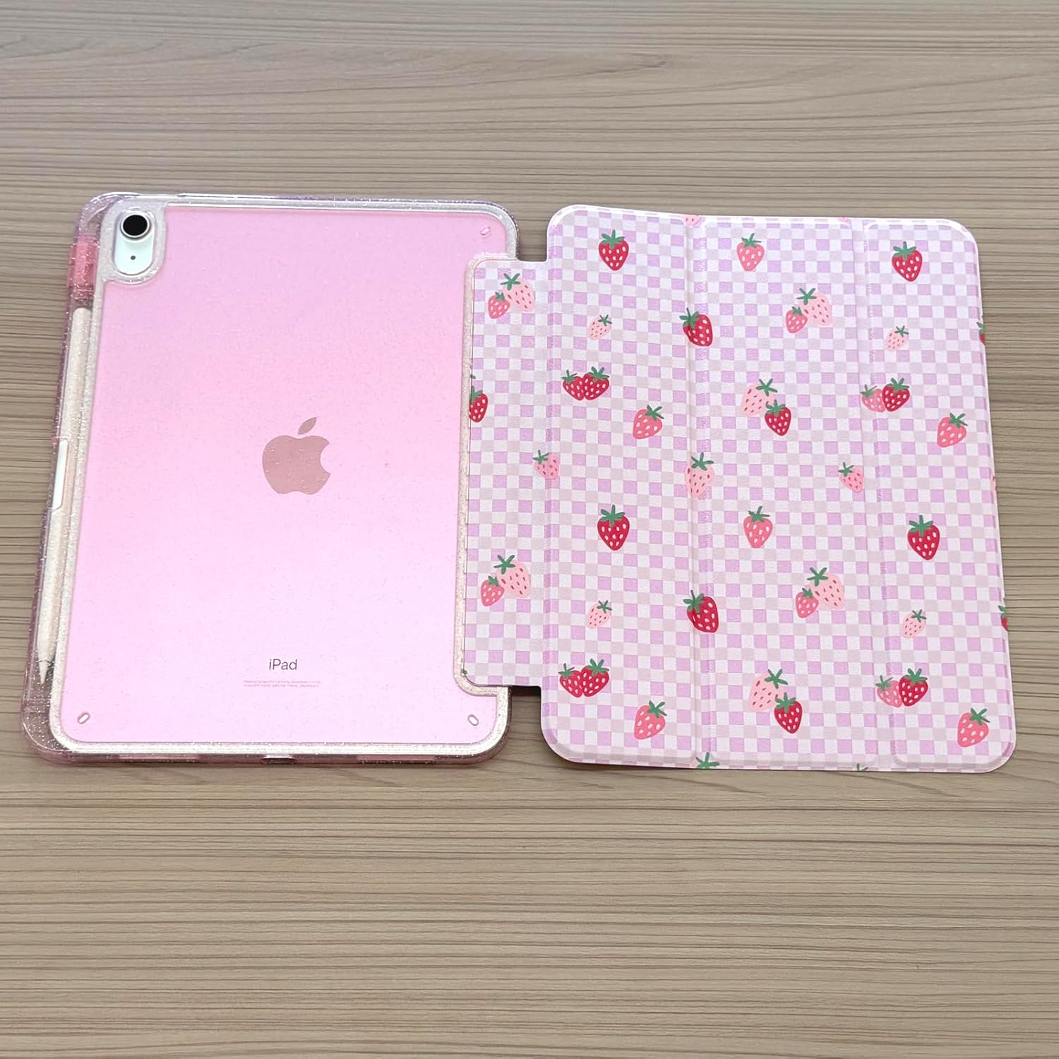 Batianda Glitter Case for iPad Air 13-inch M4/M3/M2 (2026/2025/2024) Built-in Pencil Holder - Cute Aesthetic Trifold Cover with Silky Pearl-Sheen Shockproof Clear Sparkle Back, Strawberry Gingham