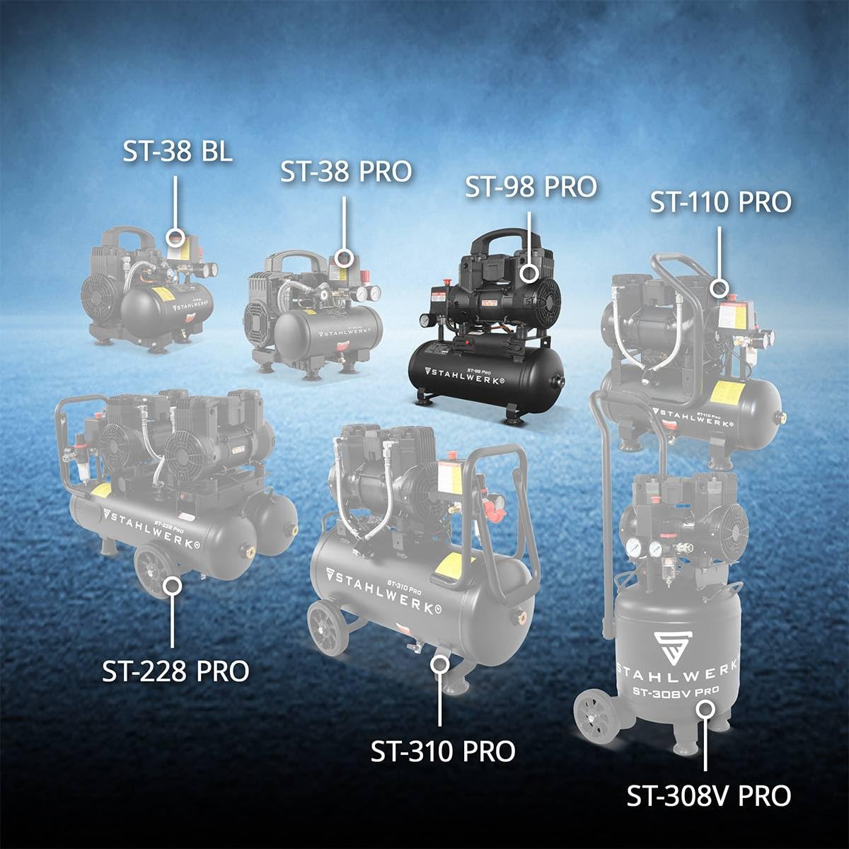 STAHLWERK Compresseur d’air 9 L (ST-98 Pro) – sans huile & silencieux | 8 bar, 1,22 CV, 0,90 kW, 170 l/min, 65 dB, compresseur d'air avec moteurs sans balais, compresseur à pistons silencieux