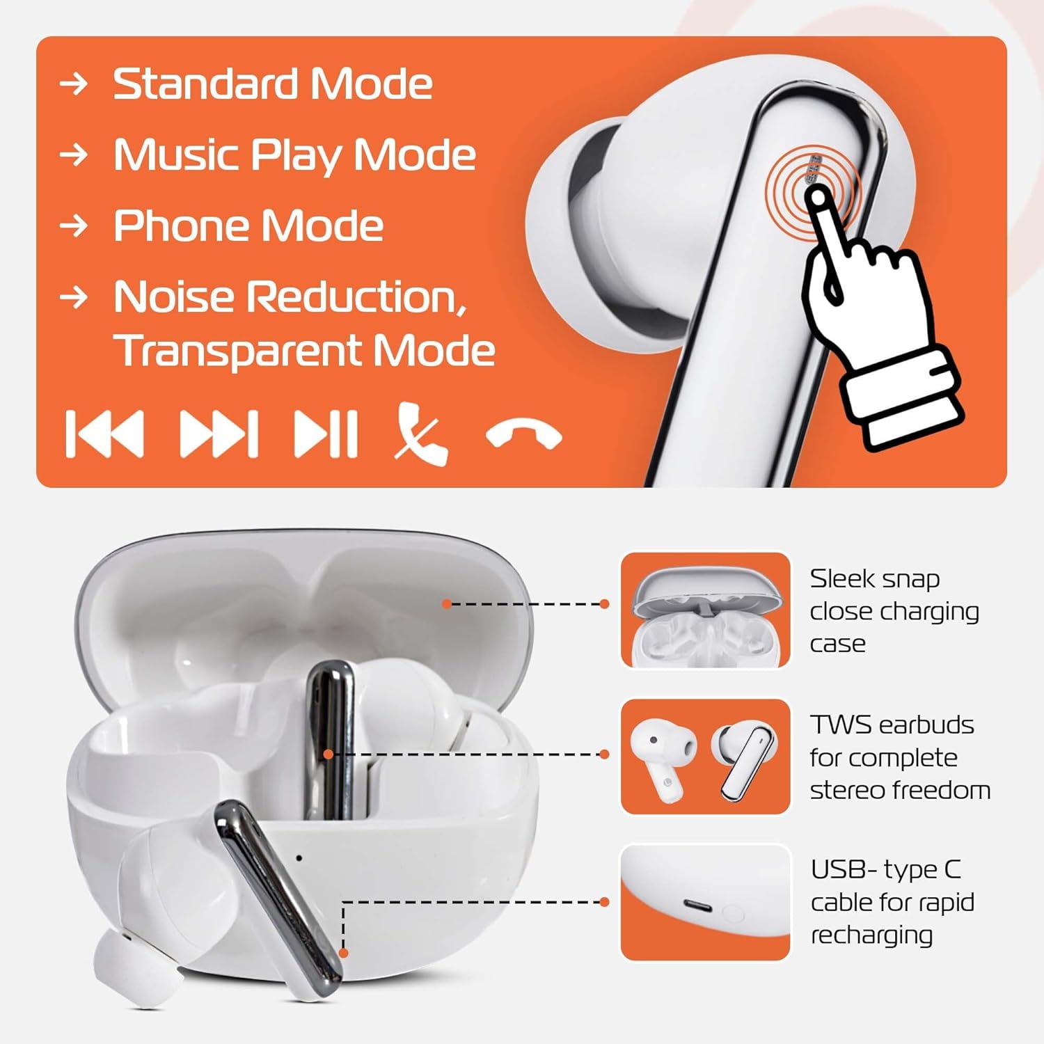 Spracht Wireless Earbuds, Bluetooth Earbuds, Blunote Stereo Ear Pods with Deep Bass, Active Noise Cancellation and ENC Mic for Clear Calls, 5 Hrs Playtime, USB-C Charging Case, Lightweight Design